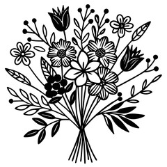 vector illustration of a flower  Minimalist flower doodle bouquet vector set, hand-drawn in elegant black and white line art. Includes delicate wildflowers, leafy foliage, and eucalyptus branches arra