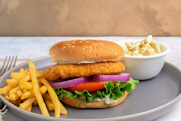 chicken fillet sandwich  with  macaroni salad