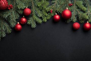 christmas decorations on a dark background with pine branches and red ornaments