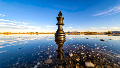 Queen chess piece stands at the horizon, reflected in the calm surface, it is authority and the silence. Metaphor for power entwined with loneliness, and the fragile line between control and surrender