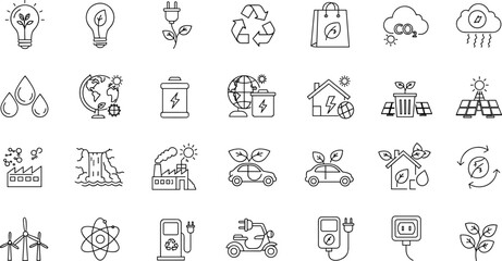 Eco energy icons, renewable resources, green technology, solar panels, electric vehicle, recycling, sustainable environment, clean energy, climate change, nature conservation illustration