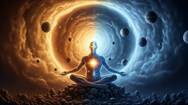A meditative figure in a cosmic vortex of orange and blue surrounded by planets