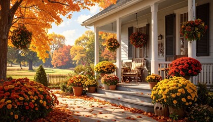 Southern fall porch decorated with mums
