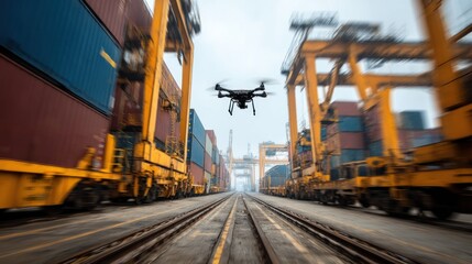 Aerial inspection drone flying between train carrying cargo containers yard