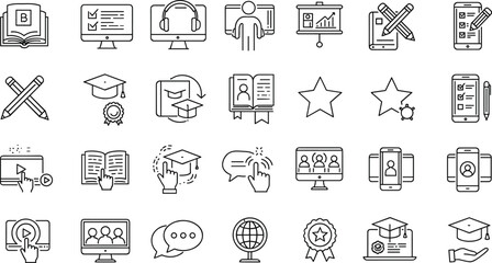 Education icons, online learning, digital classroom, e-learning tools, graduation symbols, study materials, teaching resources, distance education, academic success, training illustration
