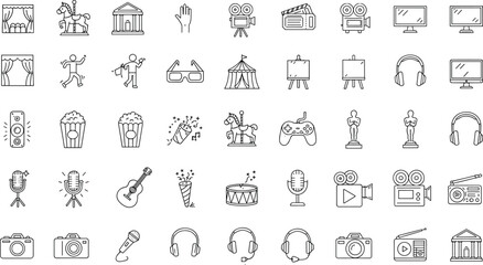 Entertainment icons, music symbols, cinema elements, movie production, theater stage, audio equipment, gaming controller, concert, festival, multimedia design illustration