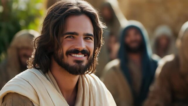 Jesus Christ smiling at ancient Israel town with people on  bustling street