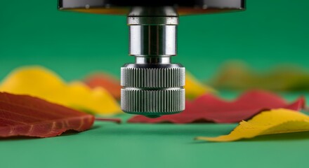 Close Up Silver Metal Object Surrounded by Autumn Leaves on Green Background