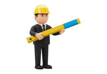 3D Cartoon Architect Holding Yellow Ruler Measuring with Black Suit and Yellow Helmet
