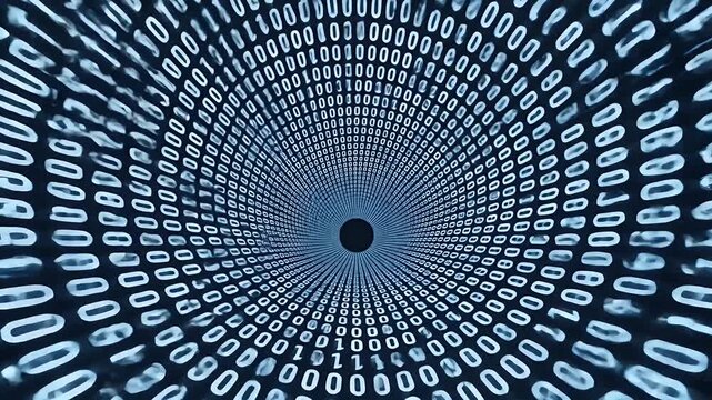 A tunnel of binary code receding into darkness