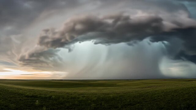 A wide panorama of a stormy sky with rain shafts over rolling green fields