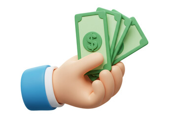 3D Cartoon Hand Holding Money Showing Dollar Bills With Green Color