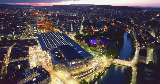 Aerial view of Zurich city with night illuminated. Switzerland