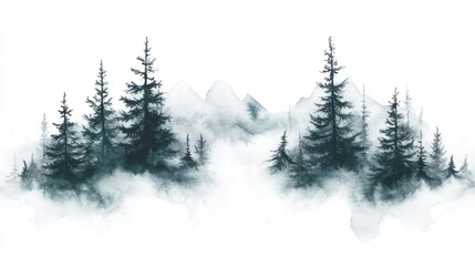 Obraz premium Misty mountain range with dark evergreen trees