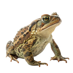 Naklejka premium A common brown toad a warty amphibian sitting on the ground isolated on a transparent background png