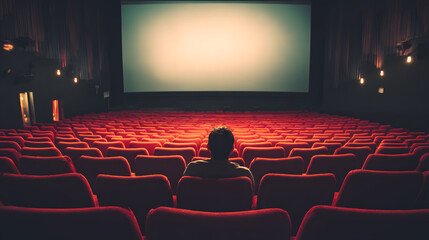 Rear view of a lone person in a vintage movie theater, surrounded by empty red velvet seats, looking at the large, luminous blank screen. Evokes anticipation, solitude, and the magic of cinema.