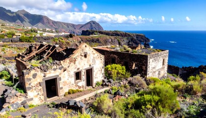 Fototapeta premium A picturesque vista of crumbling stone buildings overlooking a vast expanse of azure ocean, nestled against dramatic volcanic mountains.