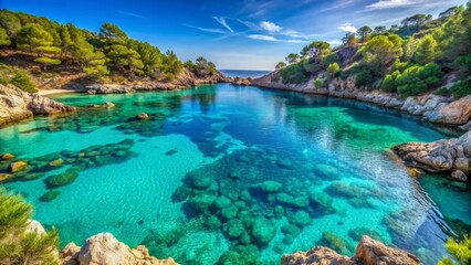 Obraz premium Secluded Cove with Crystal-Clear Turquoise Waters and Lush Green Hillsides, a Serene Coastal Paradise