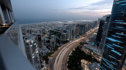 Obraz premium A panoramic view of Dubai at sunset, featuring a blend of modern skyscrapers and serene coastal scenery, embodying the harmony of nature and urban development.