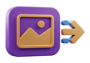 紫色の正方形アイコン 金色の画像フレームとオレンジ色の矢印の3Dイラスト