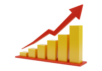 Red Arrow Ascending Above Yellow Bar Graph on a Transparent Black Background