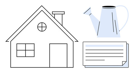 Fototapeta premium Outline house with chimney, watering can, and paper stack suggests home gardening, sustainability. Ideal for real estate, gardening, organization, education, eco-living minimalism simple flat