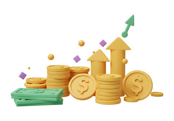 3D Rendering Illustration Of Financial Growth Concept With Money Stack And Rising Arrow