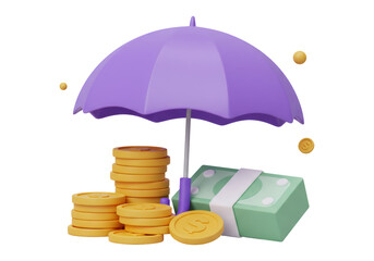 紫の傘と金貨と紙幣のイラスト 透明背景 財政上の保護と投資の概念
