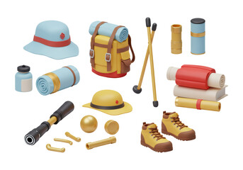 Colorful Adventurer's Equipment Arranged On Transparent Background 3D Rendered
