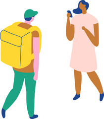 Flat vector illustration of courier with backpack talking to woman. Isometric delivery service, urban lifestyle, customer interaction, package and logistics concept.