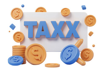 3D Illustration Of Tax Text And Money Coins On Transparent Background