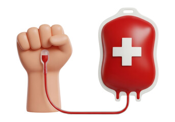 赤色の献血パックと拳 血液輸血と救命医療の概念 透明背景のイラスト