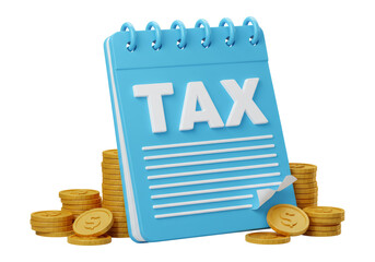 青い税金ノートと金のコインの積み重ねの透明背景イラスト