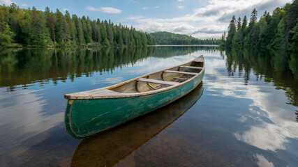 Wooden Canoe Floating on Calm Forest Lake