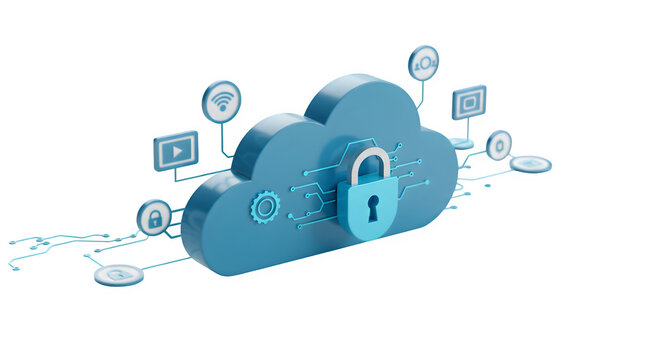 Cybersecurity, cloud computing isolated on white background.