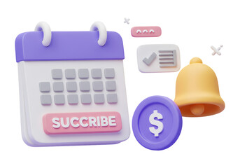 3D Render of Calendar Bell and Coin on Transparent Background