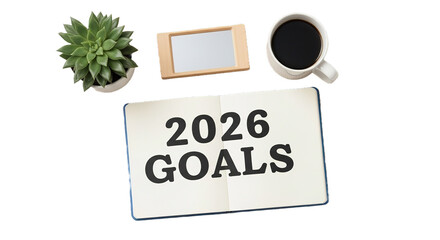 2026 Goals notebook coffee mug isolated on transparent background