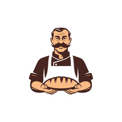 A vintage-style illustration of a baker proudly presenting a loaf of bread.