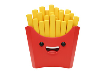 笑顔のフライドポテトの3Dイラスト 赤い容器に黄色いポテト 透明な背景
