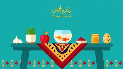 Happy Nowruz greeting with traditional Persian festive table arrangement featuring symbolic holiday items. Generative AI.