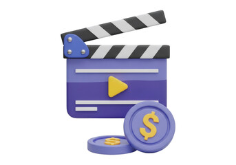 Purple Clapperboard Icon with a Yellow Play Button and Coin Elements on Transparent Background