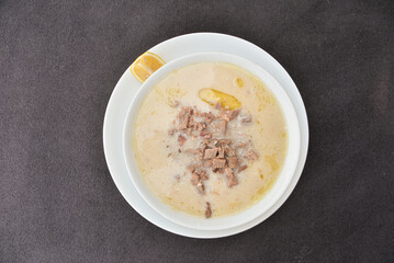 Soup plate on table in restaurant