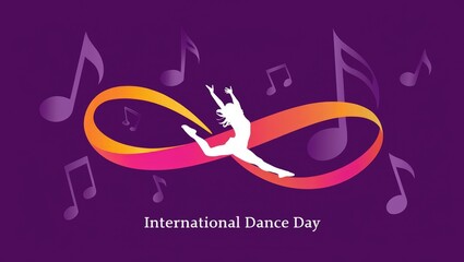 International Dance Day celebration poster with infinity symbol, dancing figure silhouette, and musical notes on purple background. Generative AI.
