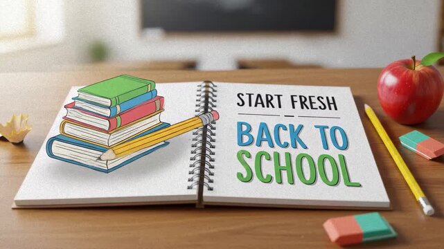 Back to School season with a stack of books and a pencil leaning on an open notebook on a desk, an apple and erasers nearby, promoting education and learning.