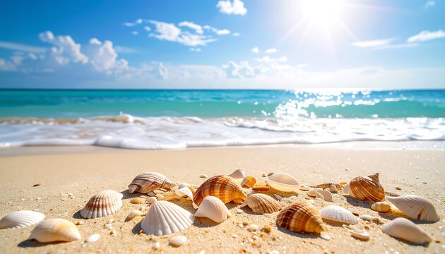 Sunny beach scene with seashells - Powered by Adobe
