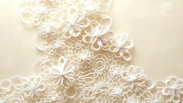 Delicate white lace featuring floral patterns overlays a smooth lightcream backdrop