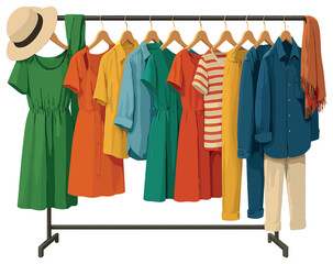 Colorful fashion display vector: vibrant clothing rack for summer wardrobe inspiration