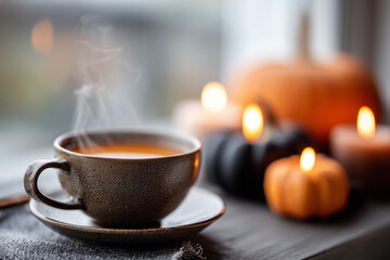 Obraz premium Cozy Halloween + hygge scene, close-up of steaming pumpkin spice tea with eerie glow from candles,