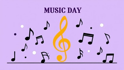 Obraz premium Music Day banner with golden treble clef surrounded by floating black notes on lavender background evoking celebration of sound. Generative AI.