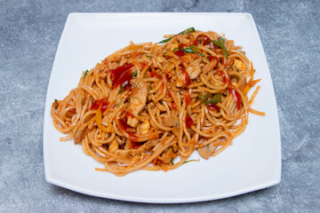 Chicken Chowmein Noodles in plate closeup view of A Spicy Indo Chinese Dish
